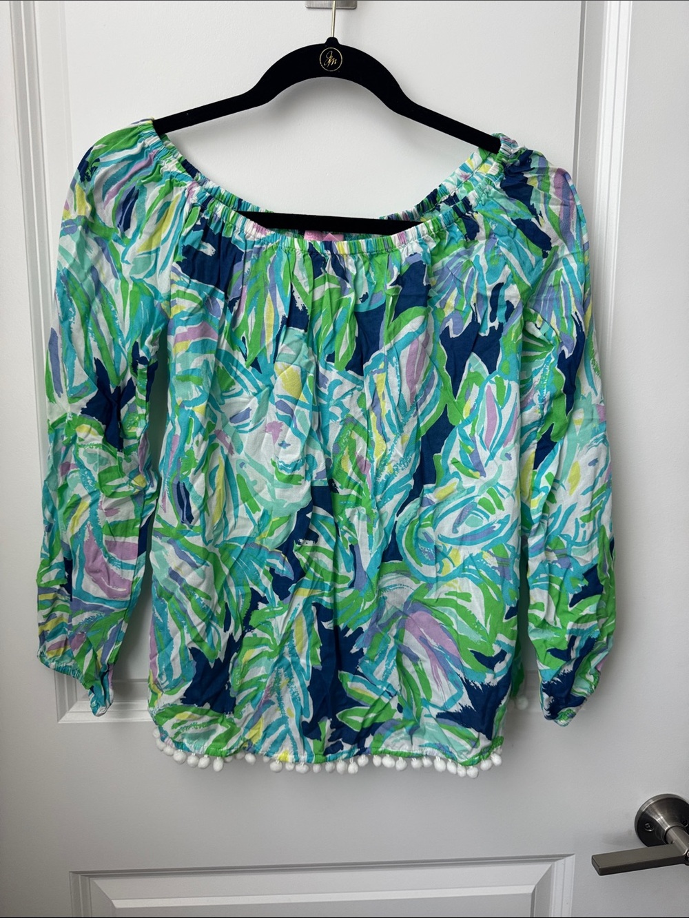 Lilly Pulitzer Off-Shoulder Leaf Print Blouse in Teal, Green & Navy